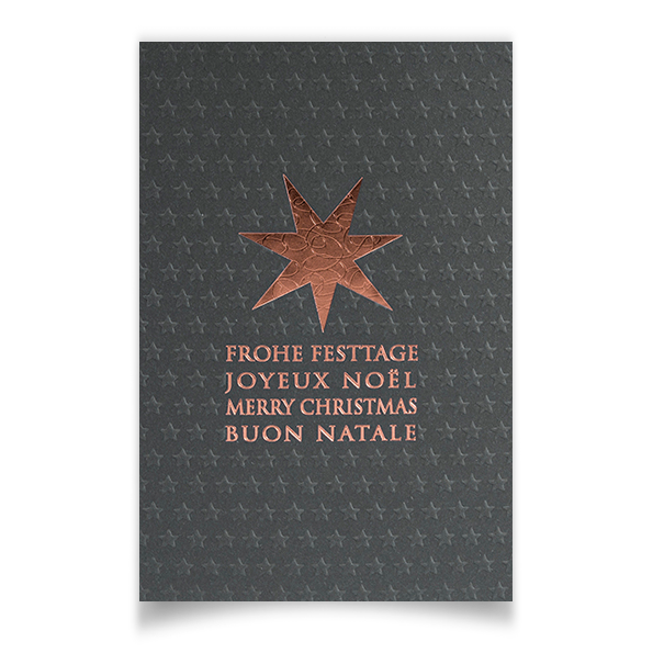 Karte mitmit kupfernem Weihnachtsstern vor grauem Hintergrund.