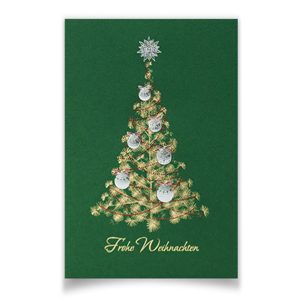 Karte mit goldenem Weihnachtsbaum vor grünem Hintergrund.