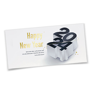 Weiße Neujahrskarten mit 3D-Jahreszahl 2024 und goldenen Texten.