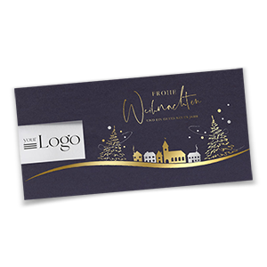 Dunkelblaue Weihnachtskarten mit runder Fensterstanzung und goldenem Foliendruck.