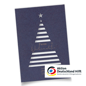 Blaue Spenden-Weihnachtskarte mit Tannenbaum aus gestreiften Stanzungen.