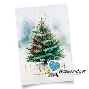 Weiße Weihnachtskarte mit Tannenbaum in sanften Pastelltönen und goldener Schrift.