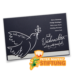 Blaue Weihnachtskarte mit silberner Friedenstaube und mehrsprachigen Texten.