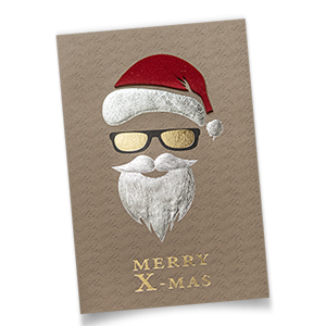 Braune Weihnachtskarten mit dem Gesicht eines Weihnachtsmannes mit cooler Sonnenbrille.