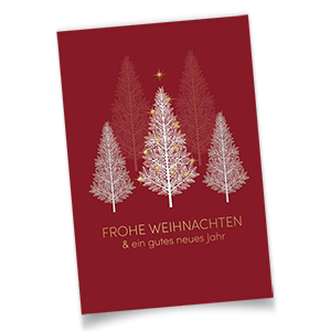 Rote Weihnachtskarten mit drei weißen Weihnachtsbäumen und goldener Schrift.