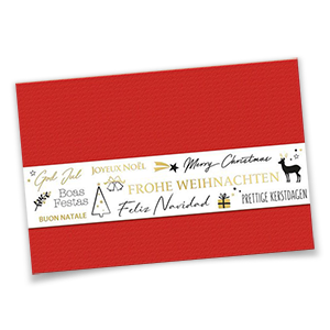 Rote Weihnachtskarten mit weißer Banderole, verziert mit weihnachtlichen Motiven.