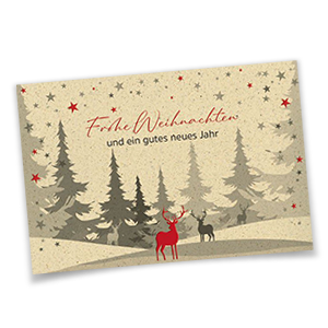 Karte aus beigegrauem Karton mit stilisiertem Waldmotiv und rot geprägtem Hirsch.