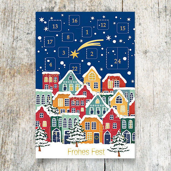 Weihnachtskarten als Adventskalender mit vielen bunten Häusern