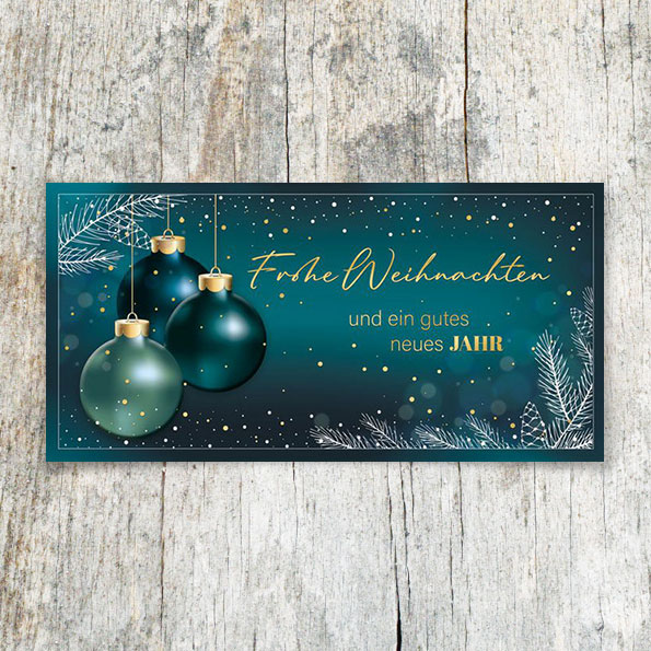 Grüne, geschäftliche Weihnachtskarten mit goldenen Prägungen.