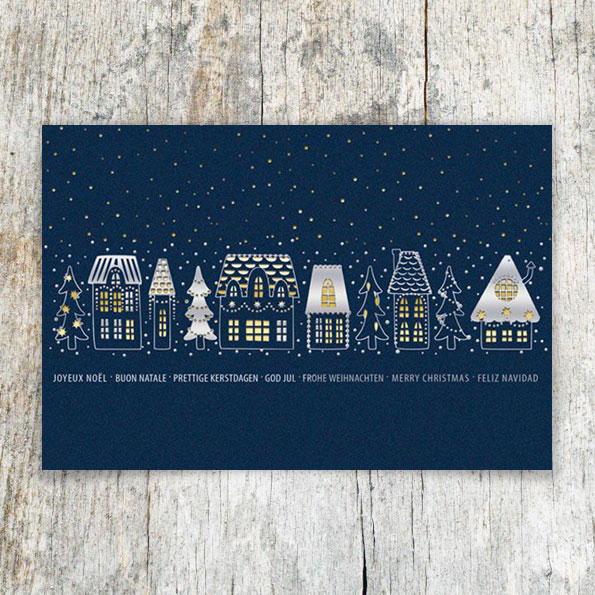 Blaue Weihnachtskarten mit Lasercut und silbernem Foliendruck.