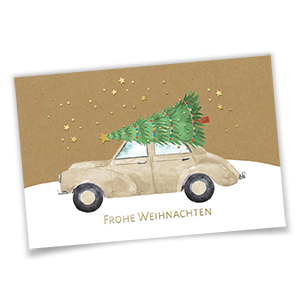 Humorvolle Weihnachtskarte mit Oldtimer und Weihnachtsbaum auf dem Dach, goldgeprägtem Gruß und goldenen Sternen