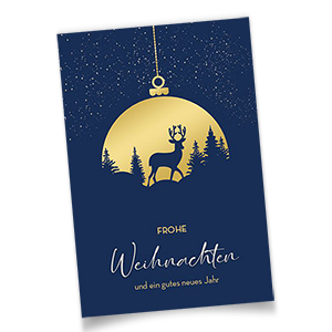 Blaue, geschäftliche Weihnachtskarten mit silbernen und goldenen Folienprägungen.