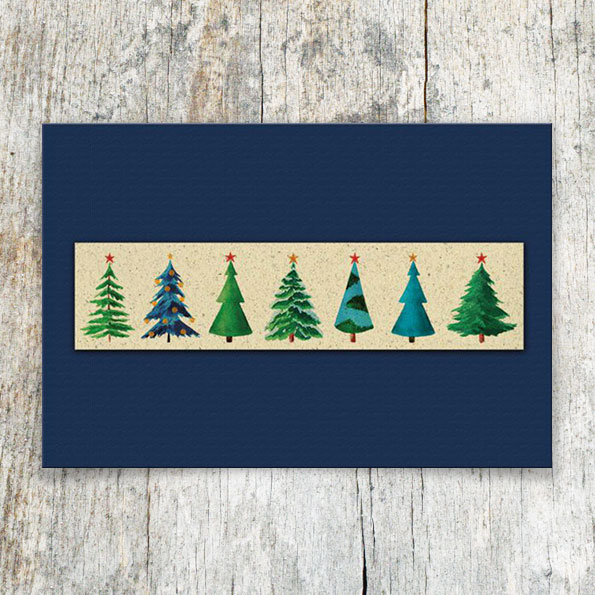 Blaue Weihnachtskarten mit hellbrauner Banderole.