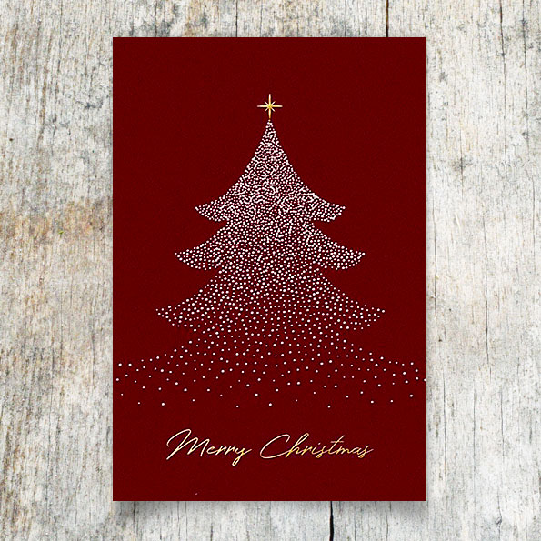 Rote Weihnachtskarten mit silbernem Weihnachtsbaum und goldener Folienprägung.