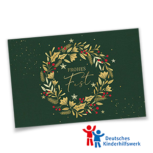 Dunkelgrüne Weihnachtskarten mit Kranz in goldener und roter Folienprägung.