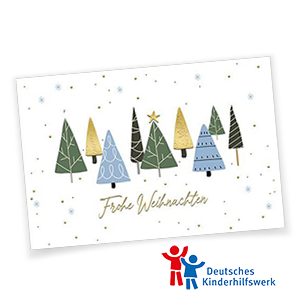Weiße Spendenweihnachtskarten mit modernen Weihnachtsbäumen und goldenem Foliendruck.