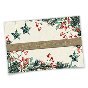 Vergrößere Abbildung Natürliche Weihnachtskarte mit floralen Motiven, beigegrauer Banderole und goldgeprägtem Frohe Weihnachten