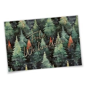 Vergrößere Abbildung Samtige Weihnachtskarte mit Soft-Touch Oberfläche, goldenem Frohe Weihnachten und grünem Tannenwald