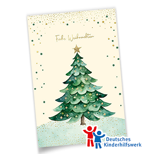 Spenden-Weihnachtskarten aus cremeweißem Maispapierkarton mit grünem Baum, goldgeprägtem Frohe Weihnachten Gruß und kleinen Sternen zugunsten Deutsches Kinderhilfswerk e.V.
