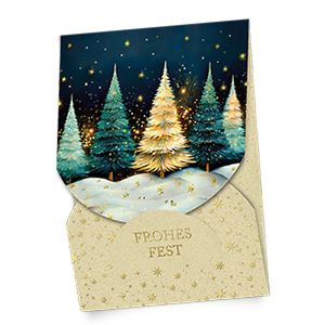 Vergrößere Abbildung Nachhaltige Weihnachtskarten mit Winterwald aus Graspapier im Wickelfalz mit verschneiten Tannen, goldenem Schriftzug Frohes Fest und goldenen Sternen