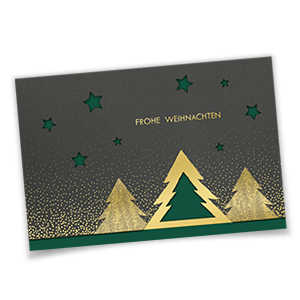 Vergrößere Abbildung Dunkelgraue Weihnachtskarten für Firmen mit drei goldgeprägten Tannenbäumen, formgestanzten Sternen, goldenen Punkten und goldgeprägtem Schriftzug Frohe Weihnachten
