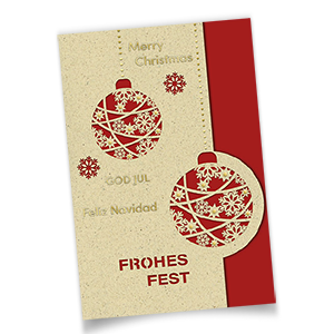 Vergrößere Abbildung Nachhaltige Laser-Weihnachtskarten aus Graspapier mit gelaserten Weihnachtskugeln, internationalem Weihnachtsgruß in Gold