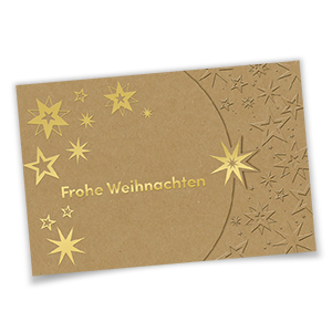Vergrößere Abbildung Exklusive Weihnachtskarten für Firmen, aus beigefarbenem Karton mit gold- und blindgeprägten Sternen, Schriftzug Frohe Weihnachten und Wickelfalz