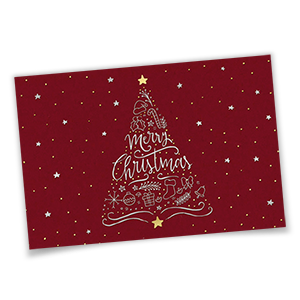 Vergrößere Abbildung Rote Weihnachtskarten mit kunstvollem Weihnachtsbaum aus Symbolen, Gold- und Silberfolienprägung, englischem Gruß Merry Christmas
