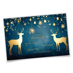 Vergrößere Abbildung Blaue Weihnachtskarten für Firmen mit Soft-Touch Oberfläche, goldenen Hirschen und internationalen Weihnachtsgrüßen in mehreren Sprachen