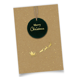 Vergrößere Abbildung Ausgefallene, geschäftliche Weihnachtskarten mit grünem Samt-Anhänger, beige-weißer Kordel und goldenem Rentierschlitten