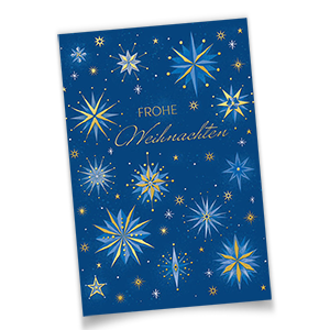Vergrößere Abbildung Blaue Weihnachtskarten mit Soft-Touch Oberfläche, goldenen Sternen und Weihnachtsgruß Frohe Weihnachten