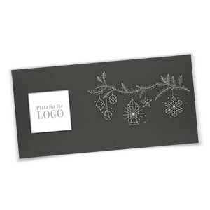 Logo-Weihnachtskarten in grau, DIN lang, mit Silberfolienprägung von Tannenzweigen und hängenden Kugeln, ausgestanztem Logofenster