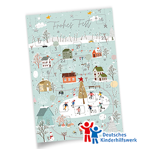 Adventskalenderkarten Zauberhaftes Winterdorf mit 24 Türchen, verschneiten Häusern, Kindern beim Schlittschuhlaufen und Spendenzweck Deutsches Kinderhilfswerk e.V.