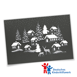 Spendenweihnachtskarten Winterdorf aus dunkelgrauem Metallic-Karton mit Silberfolienprägung, Blindprägung, Formstanzung, Hirsch und Reh, für Deutsches Kinderhilfswerk e.V.
