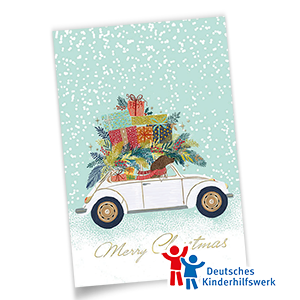 Spendenweihnachtskarten im Retro-Stil mit weißem Oldtimer-Käfer, Dackel mit rotem Schal im Fenster, bunten Geschenken auf dem Dach und Gruß Merry Christmas in Goldprägung