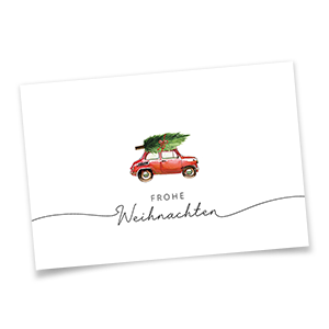 Weiße Weihnachtskarte mit rotem Vintage-Auto, Tannenbaum auf dem Dach und dem Gruß 'Frohe Weihnachten'
