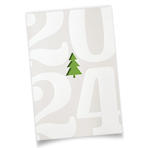 Weiße Neujahrskarten mit großer 2024 und grünem Weihnachtsbaum in der Mitte.