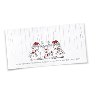 Weiße Weihnachtskarten mit zwei Schneemännern und einem Rentier im Comic-Style.