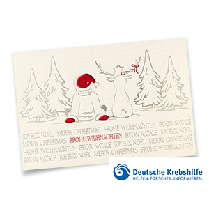 Spenden-Weihnachtskarte mit Weihnachtsmann, Rentier und festlich geschmücktem Tannenwald, unterstützt die Deutsche Krebshilfe