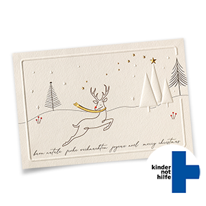 Spenden-Weihnachtskarte Reh im Sprung mit Gold- und Blindprägung, unterstützt die Kindernothilf