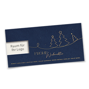 Blaue Weihnachtskarten mit goldenem Foliendruck und mehrsprachigen Grußtexten.