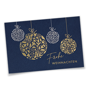 Blaue Weihnachtskarten mit silbernen und goldenen Weihnachtskugeln