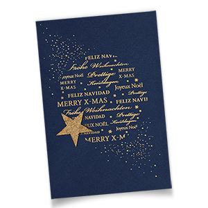 Dunkelblaue Weihnachtskarte mit goldenen Texten