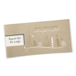Hellbraune Weihnachtskarten mit goldenem und weißen Foliendruck.