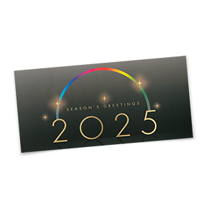 Dunkle Neujahrskarte mit goldener Schrift und Regenbogen über der Zahl 2025.