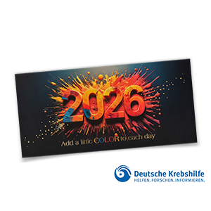 Spenden-Neujahrskarte 2026 mit bunter Jahreszahl, Farbspritzern und Goldprägung zugunsten der Deutschen Krebshilfe