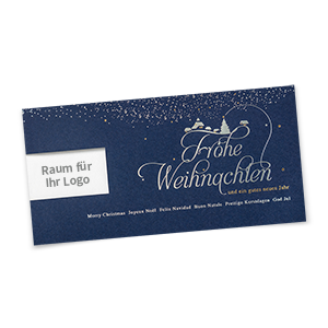 Dunkelblaue Firmen-Weihnachtskarte DIN lang mit Logo-Fensterstanzung, Silber- und Goldprägung sowie internationalen Grüßen