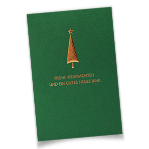 Abbildung der grünen Weihnachtskarten mit Kupfertanne.